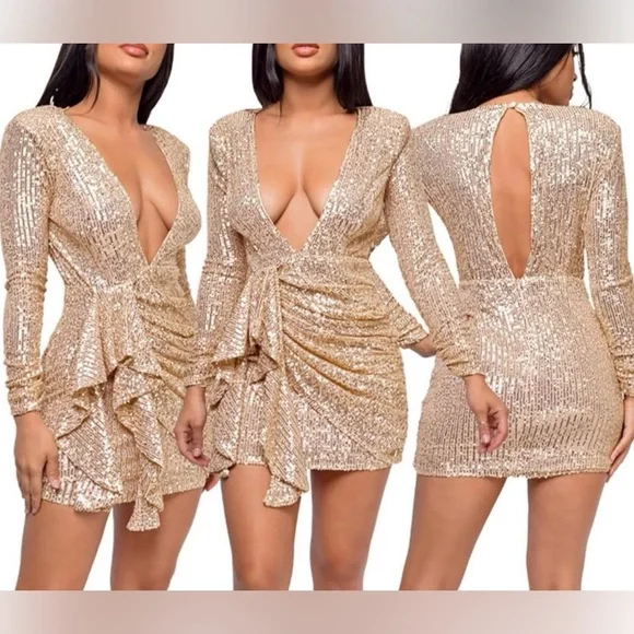 Gold Sequin Deep V Wrap Mini Dress Luxxel medium - Picture 2 of 4